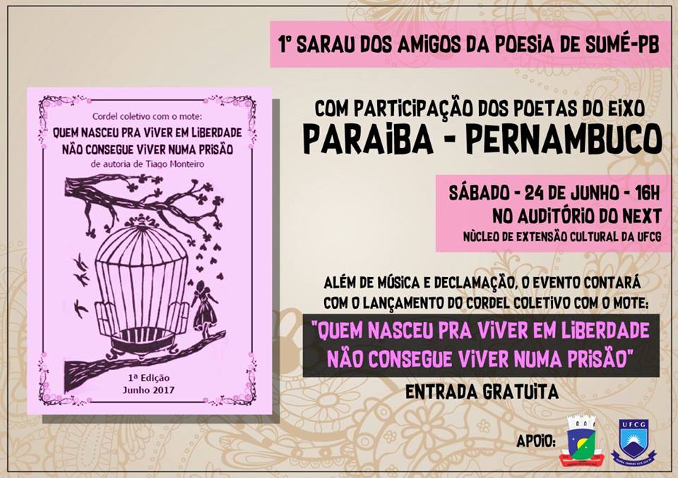 1° Sarau dos Amigos da Poesia acontece dia 24 em Sumé