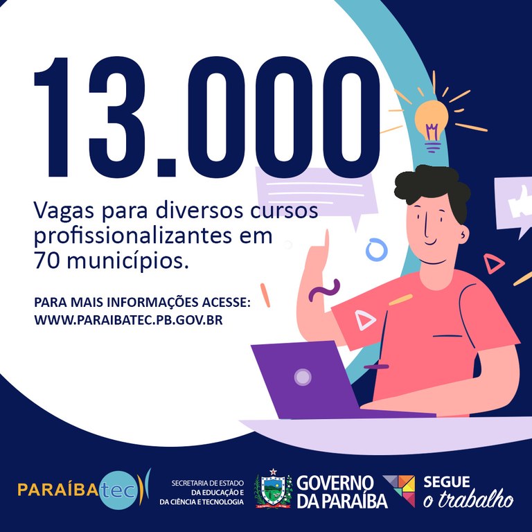 Continuam abertas inscrições para 13 mil vagas em cursos profissionalizantes do Paraíbatec