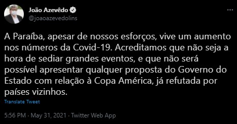 João Azevêdo descarta possibilidade da Paraíba sediar Copa América: “o que precisamos agora são vacinas”