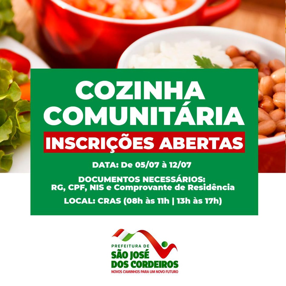 Prefeitura de São José dos Cordeiros retomará projeto Cozinha Comunitária e abre inscrições para interessados