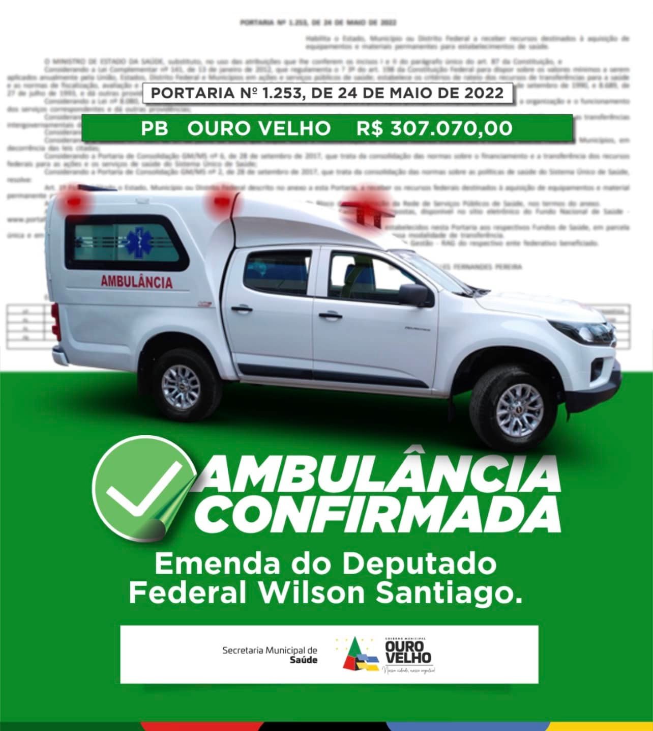 Prefeito de Ouro Velho autoriza abertura de licitação para aquisição de nova ambulância