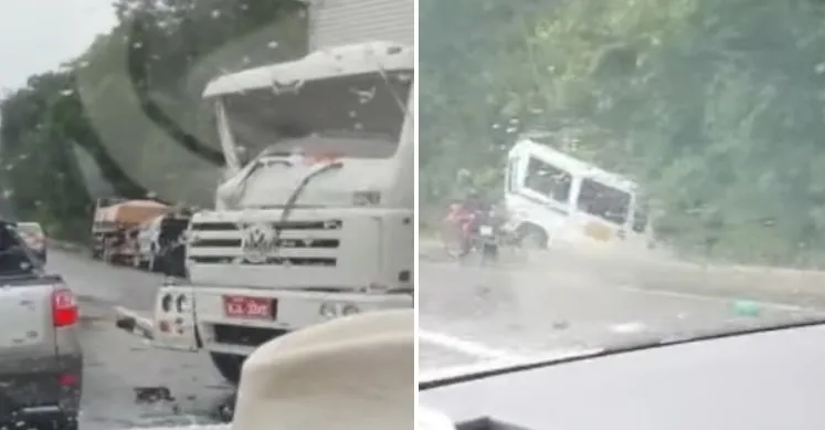 Acidente com dois caminhões e van da UFPE deixa uma pessoa ferida na BR-101