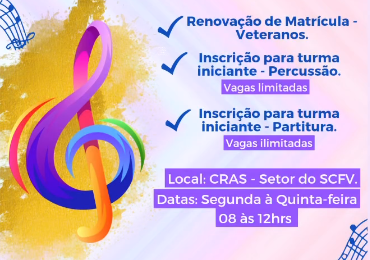 Secretarias de Assistência Social e Cultura de Amparo estão com inscrições abertas para oficinas de música