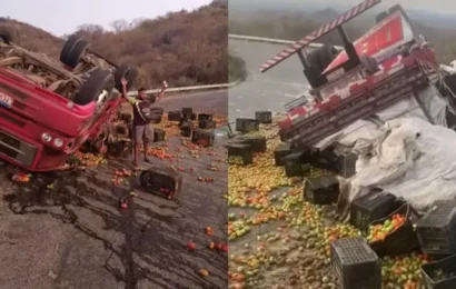 Caminhão carregado com tomates tomba na tarde desta terça-feira no sertão da Paraíba; motorista saiu ileso