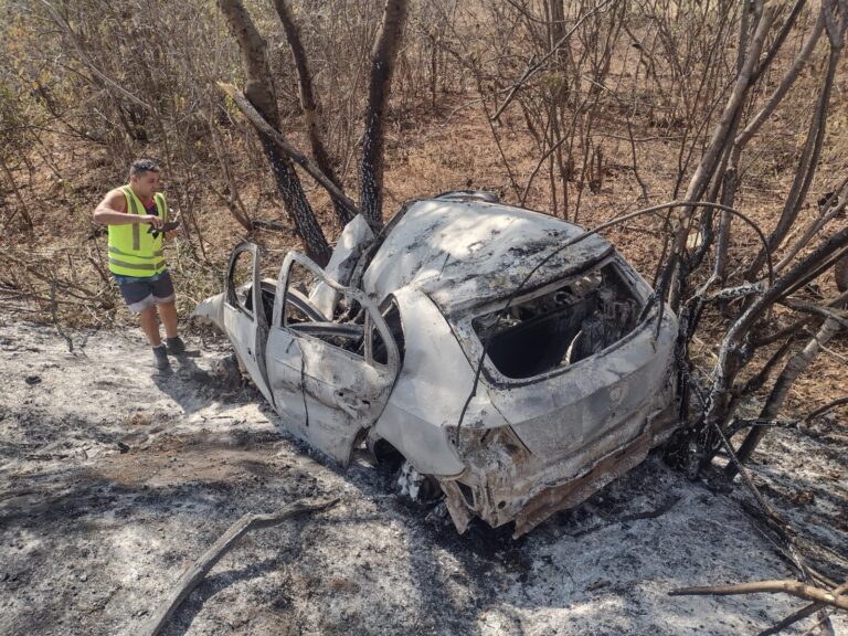 Jovem morre carbonizado após carro bater em árvore na BR-412, em Monteiro