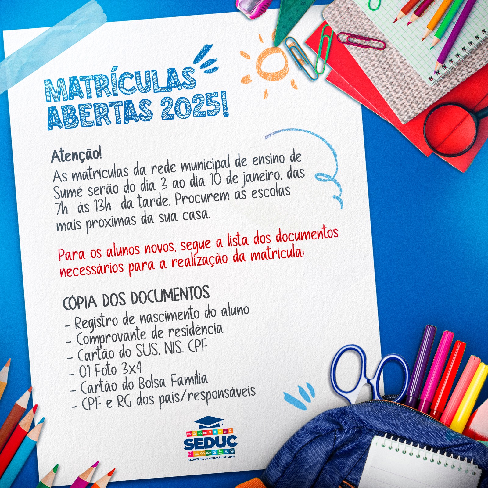 Matrículas da Rede Municipal de Ensino acontecem até dia 10 de janeiro em Sumé