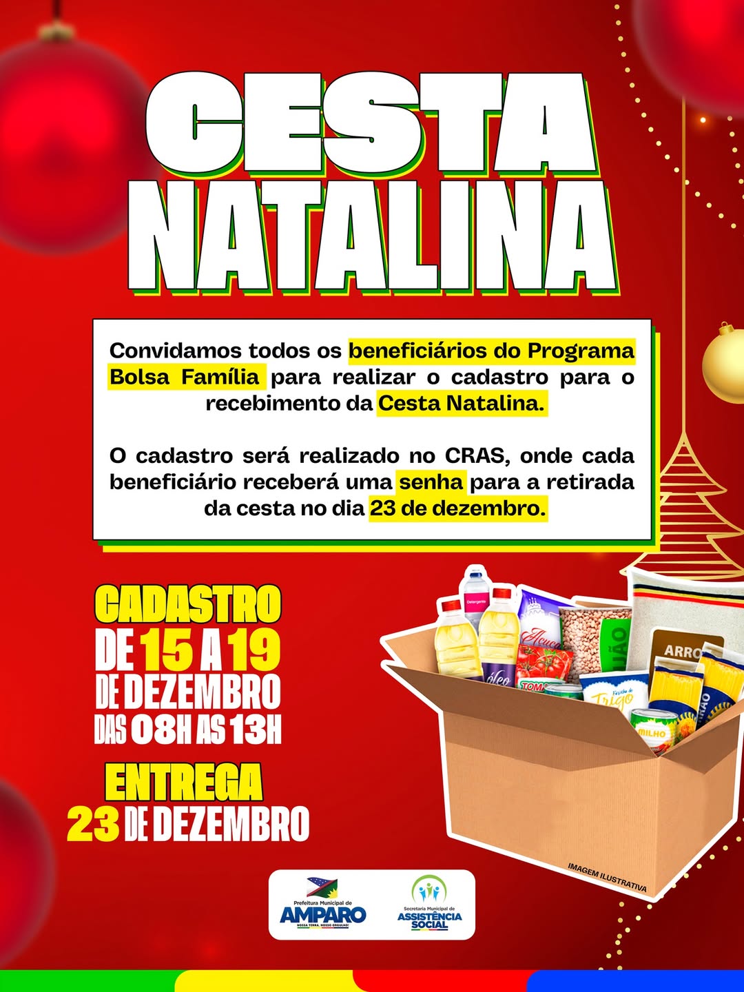 Prefeitura de Amparo realizará cadastro para beneficiários do Bolsa Família receberem a Cesta Natalina