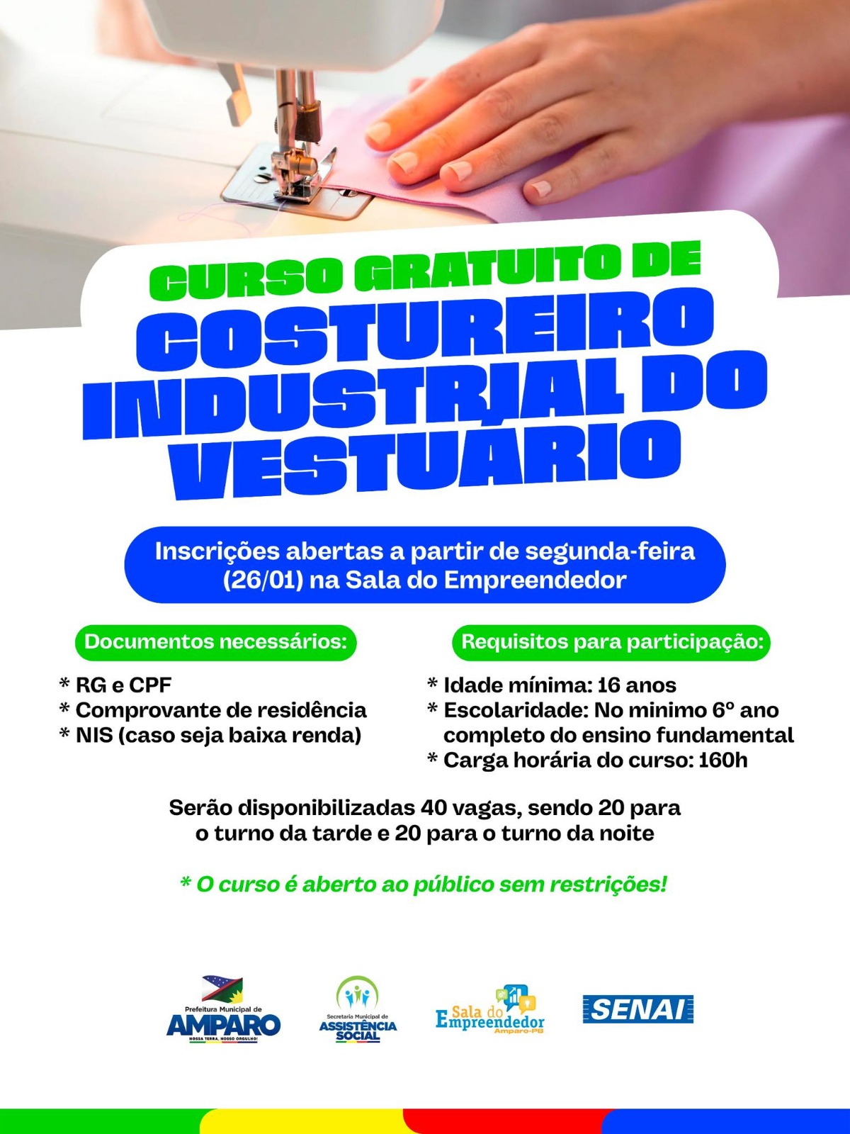 Prefeitura de Amparo abre inscrições para curso gratuito de Costureiro Industrial