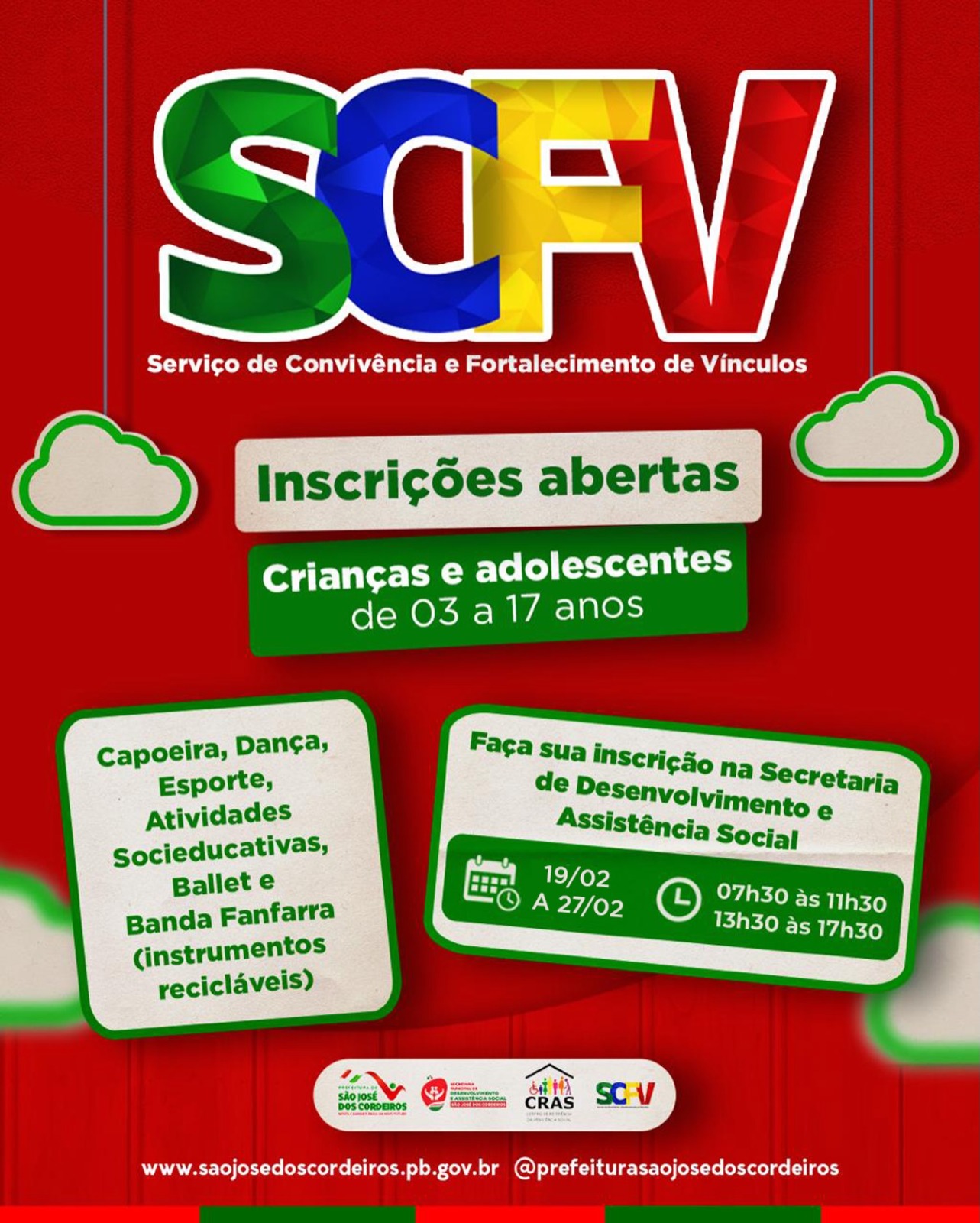 Prefeitura de São José dos Cordeiros abre inscrições para o Serviço de Convivência e Fortalecimento de Vínculos